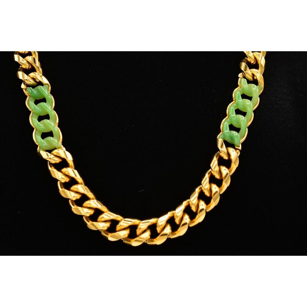 Givenchy Vintage Cuban Chain Necklace Gold Green Cabochon Heavy Signed 70s BinL - Picture 2 of 12